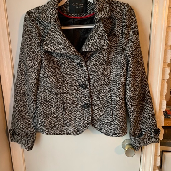 Ci Sono tweed cropped wool Black, white, gray button jacket heavy blazer. Large - Picture 3 of 9